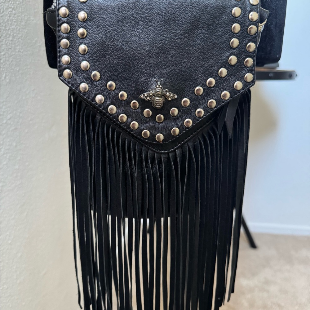 Artisan Black Fringe Crossbody with Studs and Bee Accent